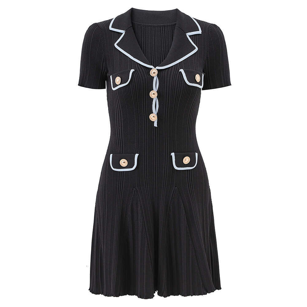 Designer French collar short sleeved knitted women's clothing 2026 spring A10 new elegant socialite slim fit dress