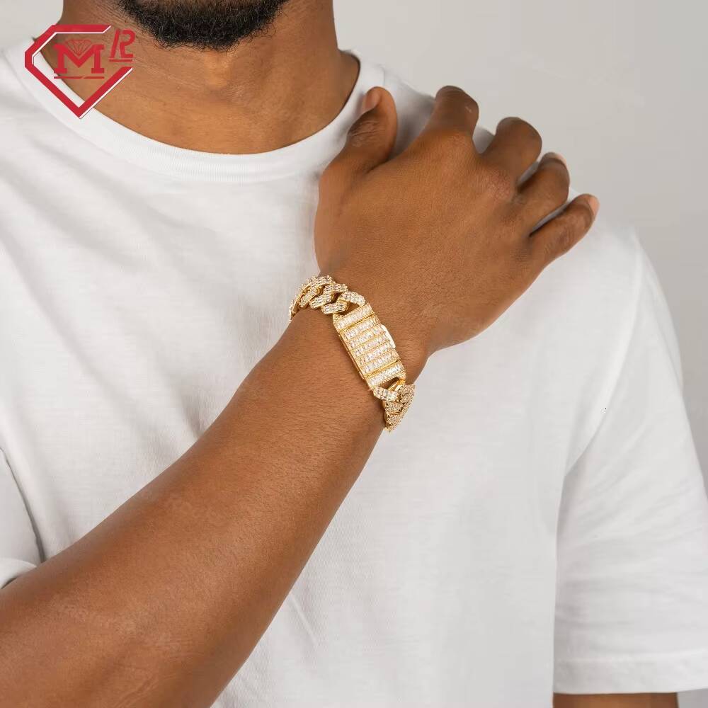 Hip Hop Jewelry Moissanite Bracelet 925 Sterling Silver Baguette VVS Moissanite Diamond Cuban Link Bracelet