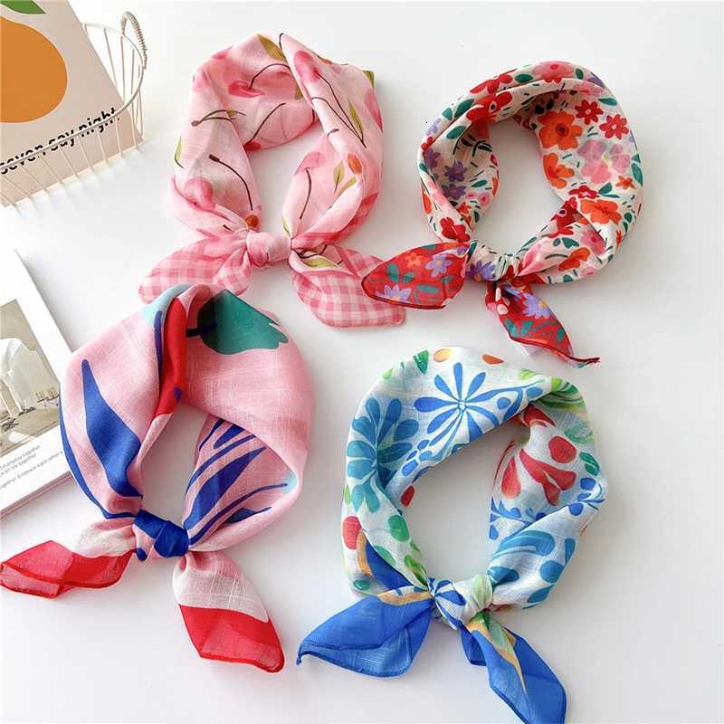 Floral Print Neckerchief Wen Korean Cotton Linen Square Scarf Elegant Neck Scarves Small Wraps Bandana Scarfs 5858Cm X260328