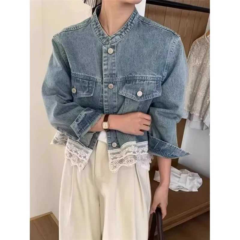 New jacket Denim jacket Early spring Retro Washed Small Collar Lace Stitching Loose Casual Denim Jacket Womens Short ParagraphT260328