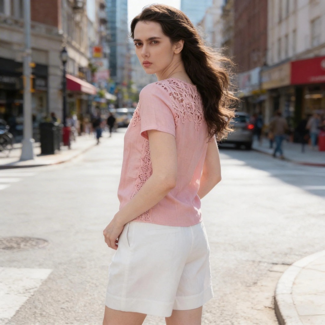 Luxury Designer Womens Pink Linen Lace Blouse Vintage French Style Hollow Out Short Sleeve T-shirt Loose Fit Casual Summer Tops