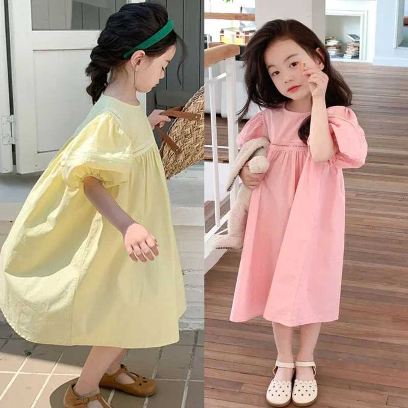 Girls Dress Holiday Style Sweet Bubble Sleeve 2 3 4 5 6 7 8 Years Yellow Pink Knee-length Childrens Clothing Princess DressesT260330