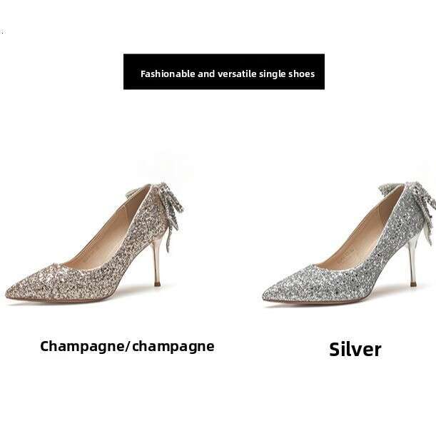 Women French Crystal Bow High Heels Elegant Socialite Party Xiuhe Sequin Bride Bridesmaid Shoes
