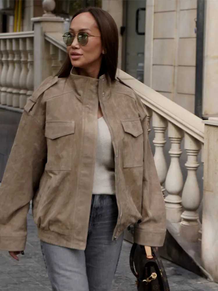 HH Women Street Casual Solid Suede Overcoat Jackets Stand Collar Zippers Loose Coats Female 2025 Autumn Fashion Lady JacketT260328