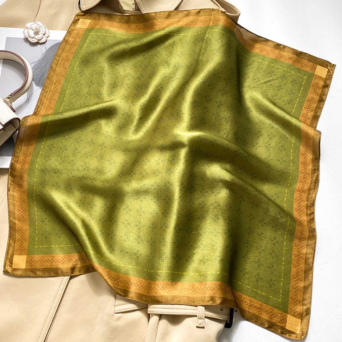 Dark Green Printed Square Scarf Plain Floral Pattern Simple Imitation Silk Neckerchief Elegant Bandana Women Head Wrap Scarves Z260330
