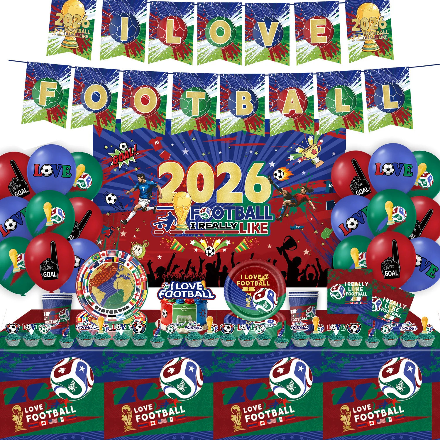 2026 Football Party Decoration Paper Dish Napkins Tablecloth Balloon Caketopper Backdrop Soccer Parties Prop Diy Decoration 260330