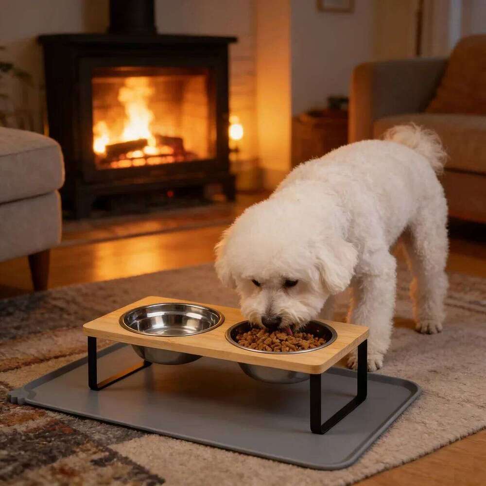 Elevated Bowls Food Mat 15 Degrees Raised Dog Bowl Stand for Puppy Cats Sturdy Bamboo Pet Feeder with 2 Stainless Steel 26W0330