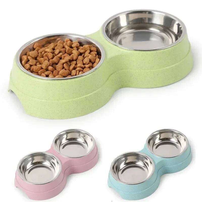 FGG Double Bowls Food Water Stainless Steel Pet Drinking Dish Feeder Cat Puppy Feeding Supplies Small Dog Accessories 26W0330