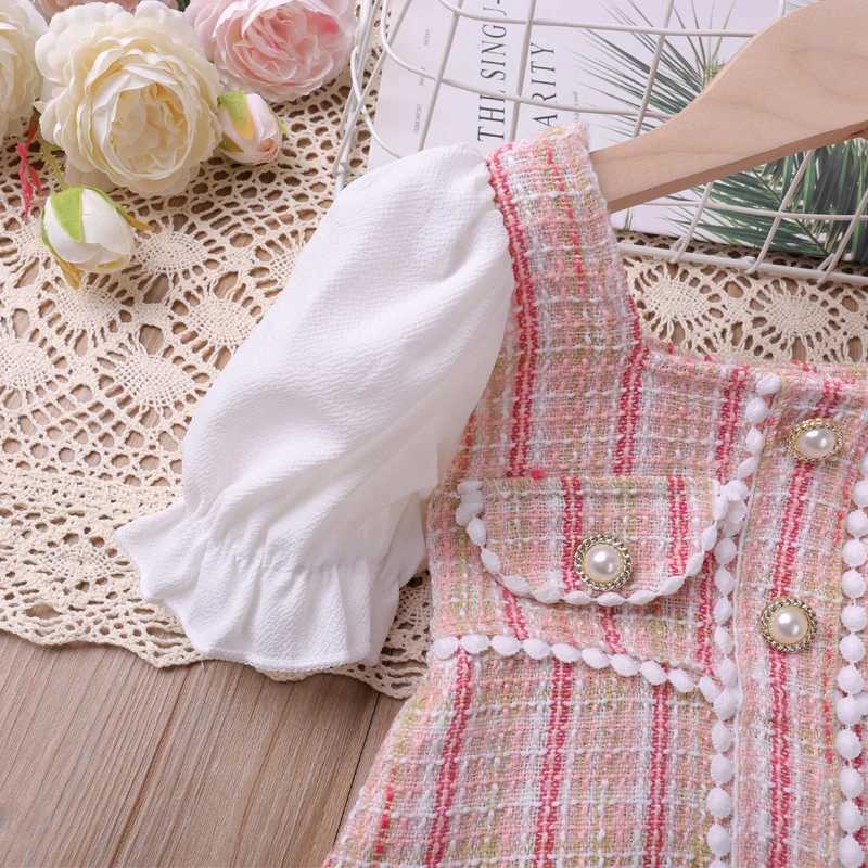 Humor Bear Kids Clothes Checked Pearl Buckle Floral Dress Cute Princess Dress Puff Sleeves With Small Fragrance DressT260330