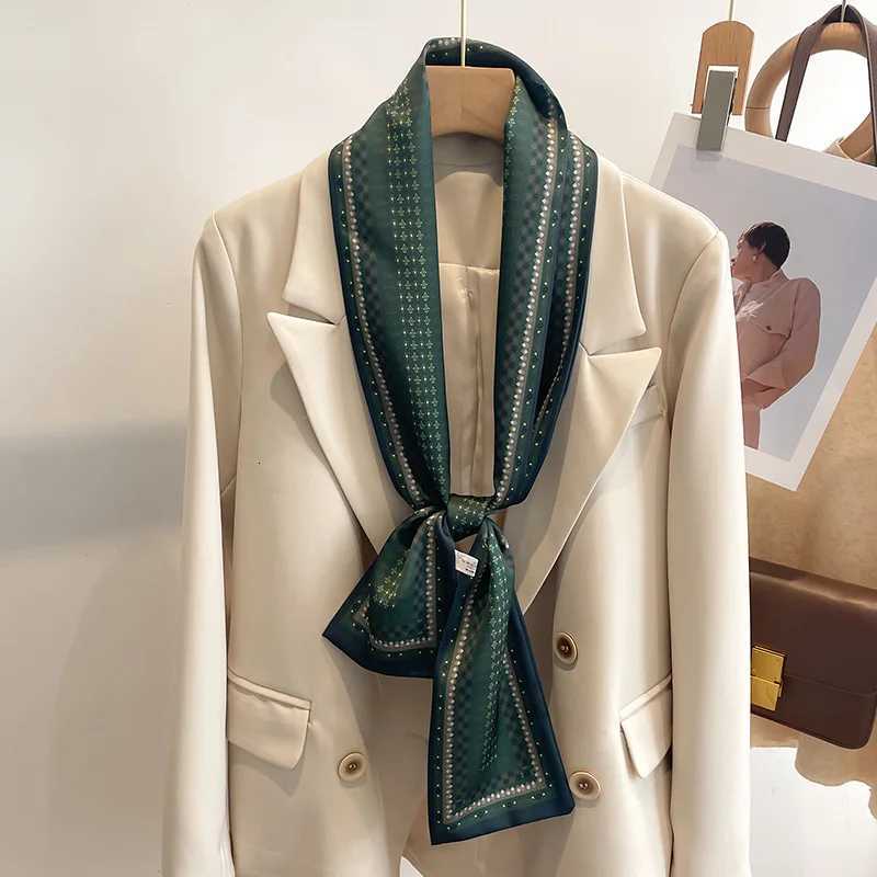 Green small silk scarf for women Korean small scarf long spring autumn summer thin style fashionable shirt thin and narrow strip Z260330