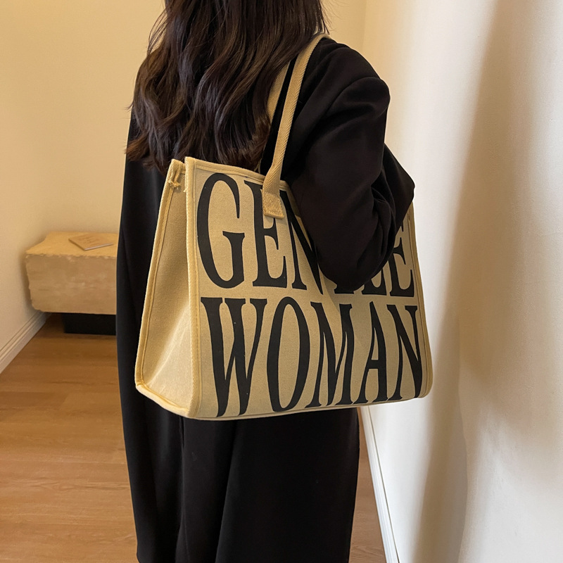 Free Shipping High Value Gentlewoman Style Canvas Tote Bag for Women Large Capacity Letter Print Shoulder Bag Casual Daily Handbag