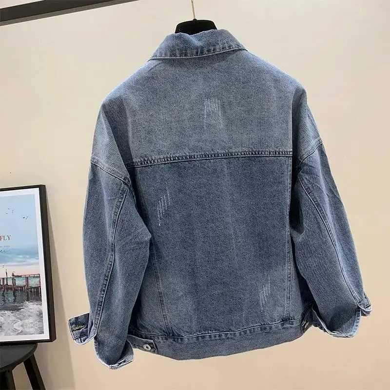 Large Size Women Denim Jacket Spring Autumn Long Sleeved Retro hot Diamond Jeans Coat New Female Casual Loose Cowboy Outwear TopT260328