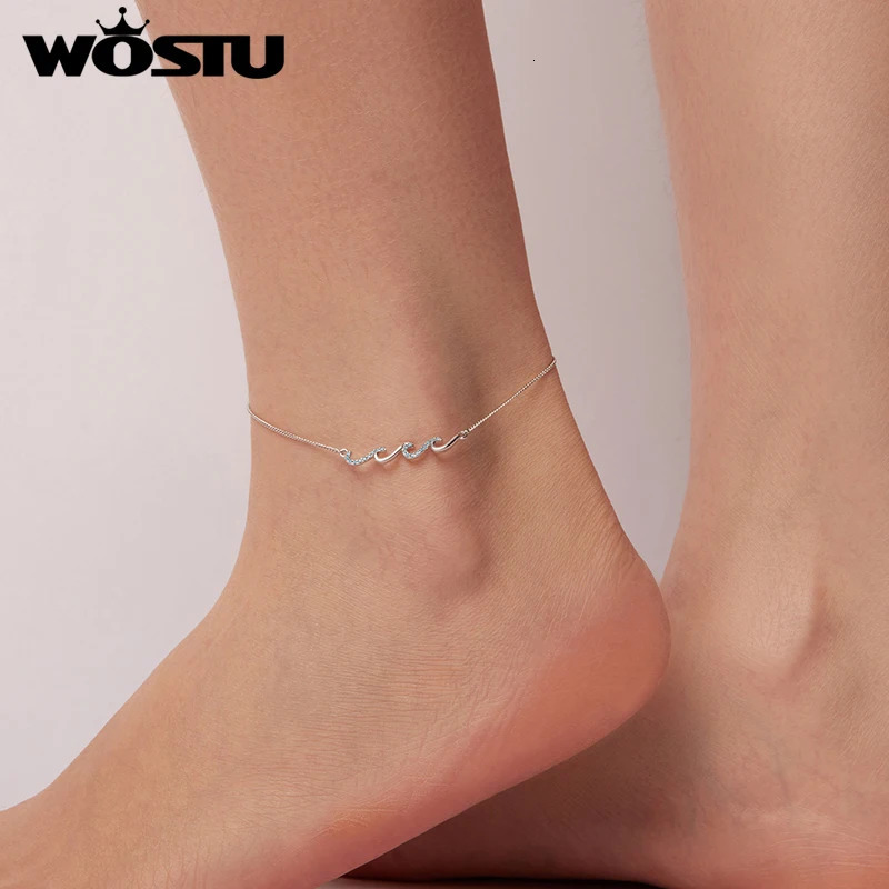 WOSTU 925 Sterling Silver Ocean Blue Wave Charm Anklet For Wave Ziron Foot Chain Links Girl Daugther Beach Jewelry Holiday Gift 260324