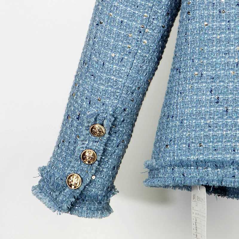 Elegant round Neck Sequin Tweed Braided Jacket Light Luxury Single Bretted High-End Fashion for Celebrity Heavy IndustryT260328