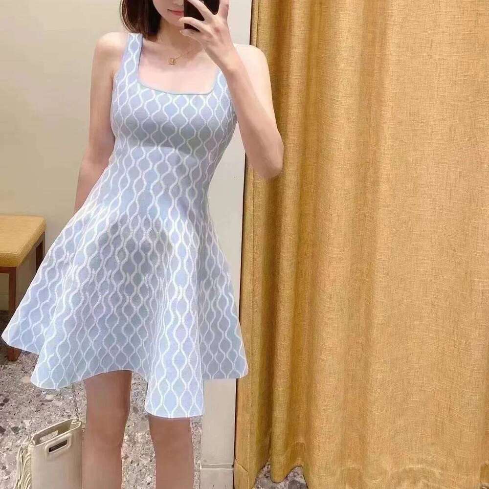 Women's Geometric Jacquard Knit Tank Dress Sweet High-Waisted Blue Or Black Sleeveless A-Line Short Robe Mdng260330