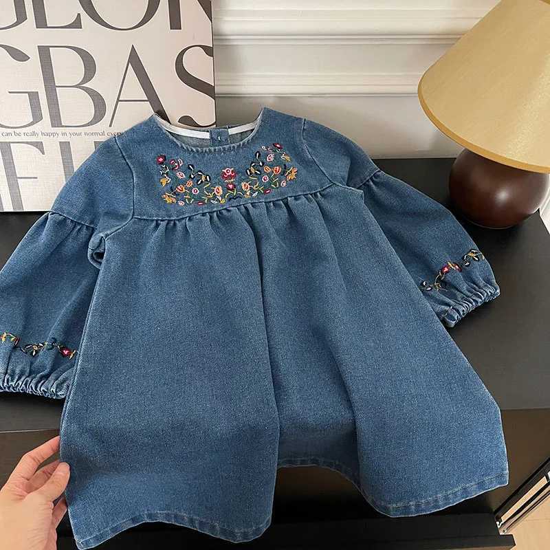 MILANCEL Girls Denim Dresses 2024 Autumn New Embroidery Floral Long Sleeve Dress Childrens Daily Casual ClothesT260330