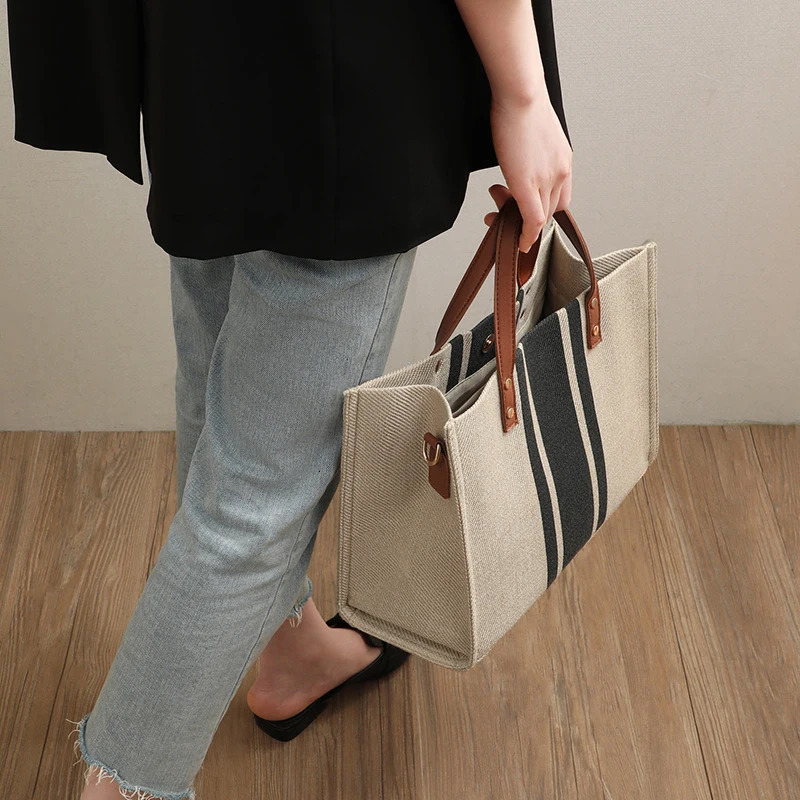 Simple Canvas Stripe Decor Bucket Handbags Women Top Handle Tote Bag Large Capacity Casual Shoulder Crossbody Bags260316