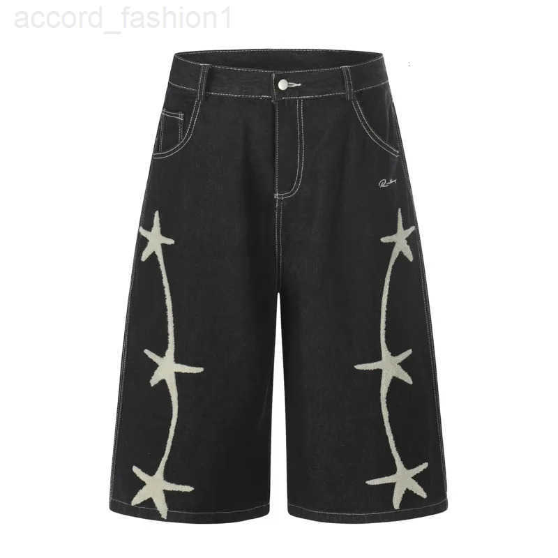FEWQ 2026 New American Retro Mens Denim Shorts Star Embroidered Decoration Straight Leg Male Pants 24W1341 H260330