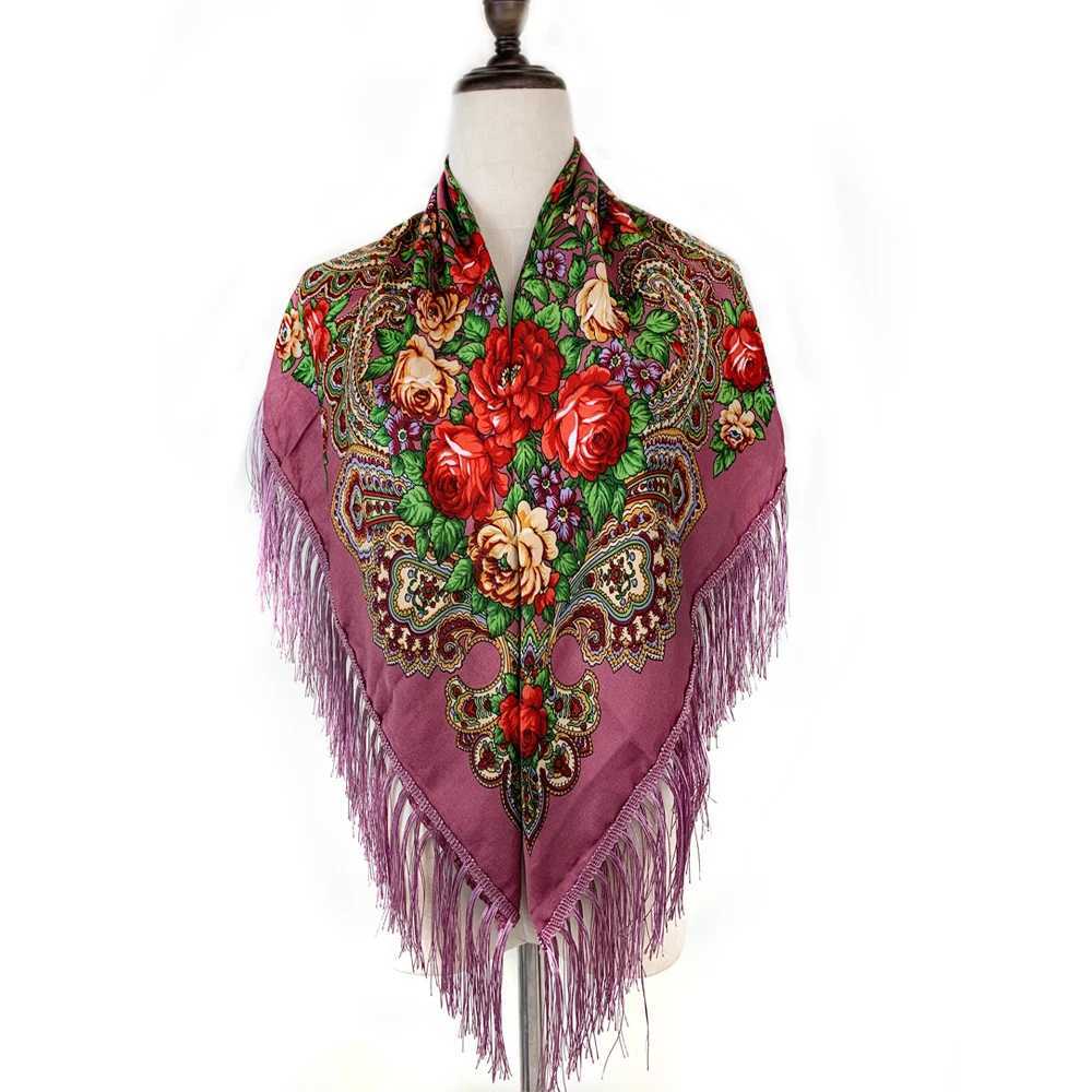 115115cm Luxury Floral Print Russian Square Scarf Wen Traditional Ukrainian Fringed Shawl Bandana Babushka Wraps X260328