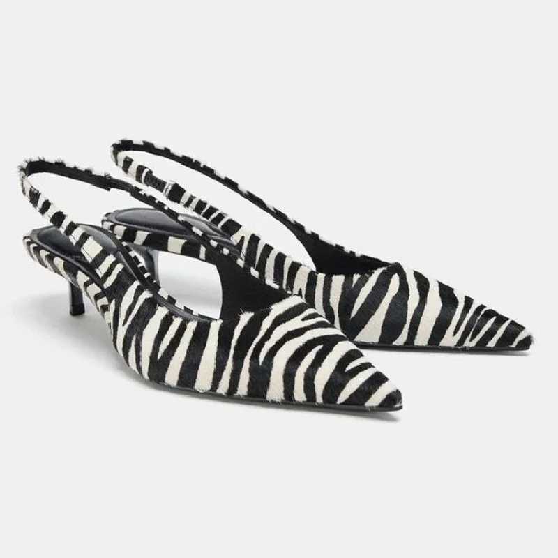 Stylish Zebra Print Design High Heels for Women Sexy Pointed Toe Kitten Heels Sandals Comfortable Street Style Slingback Shoes Z260330