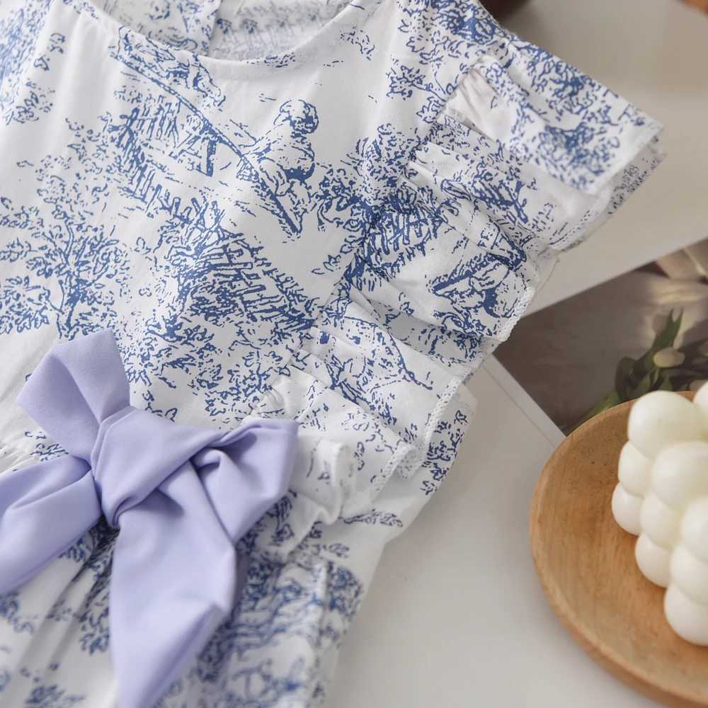 Humor Bear Girls French Style Dress Casual Sweet Bow Flying Sleeve Fashionable Childrens princess dressT260330
