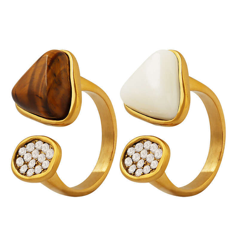 French-style Tiger Eye Stone And Freshwater Shell Open Inlaid With Zircon, Non-fading, Light Luxury Titanium Steel Gold-plated Ring