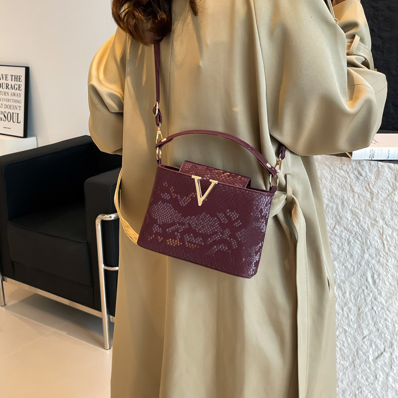 Free Shipping High Value Snake Pattern Bucket Bag for Women V Metal Decor Handbag Crossbody Shoulder Bag