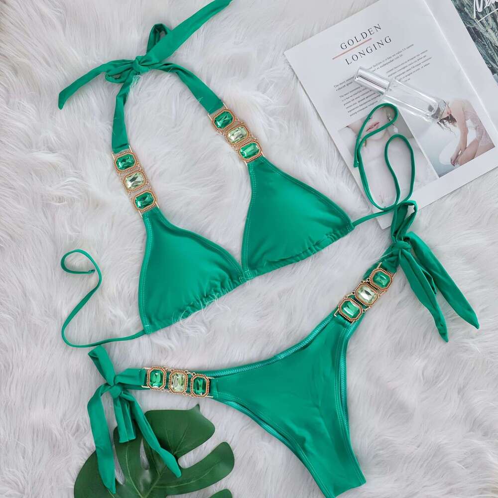 Women's Designer Swimsuit Suit Halter Neck Swimsuit Two Piece Set with Rhinestones Sexy Suit Seaside Beach Bikini Suit Women's Swimming and 