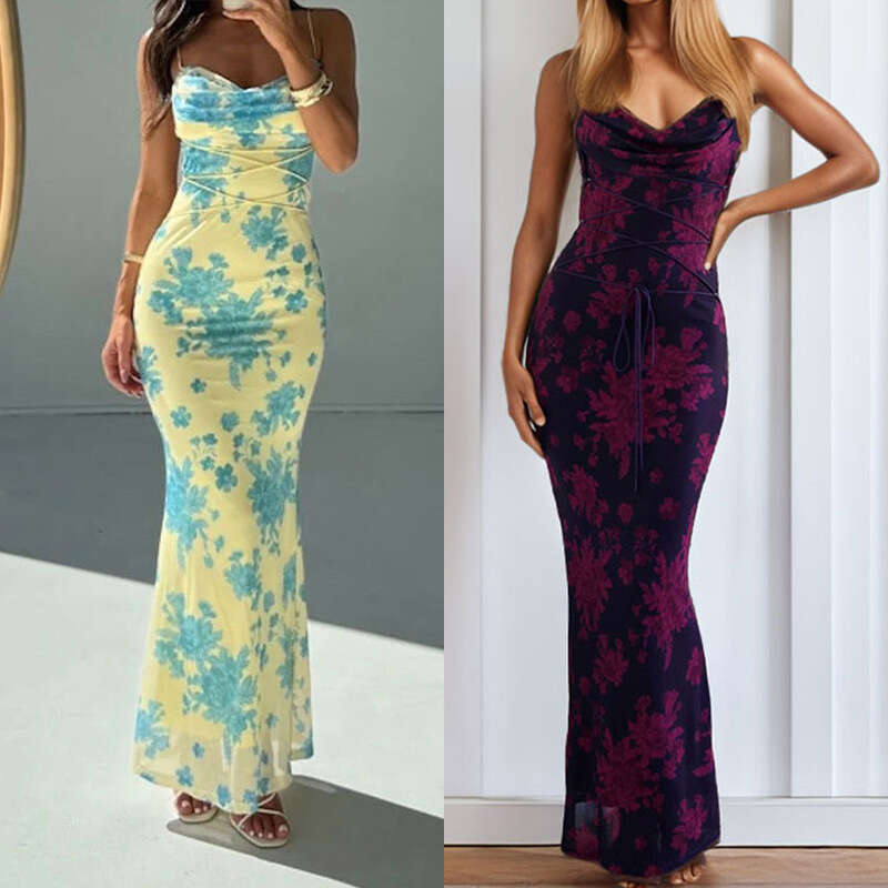 2026 Spring New Arrival: Cross-Border European American Foreign Trade Women's Clothing - Elegant and Slim-Fit Low-Neck Printed Bodycon Dress