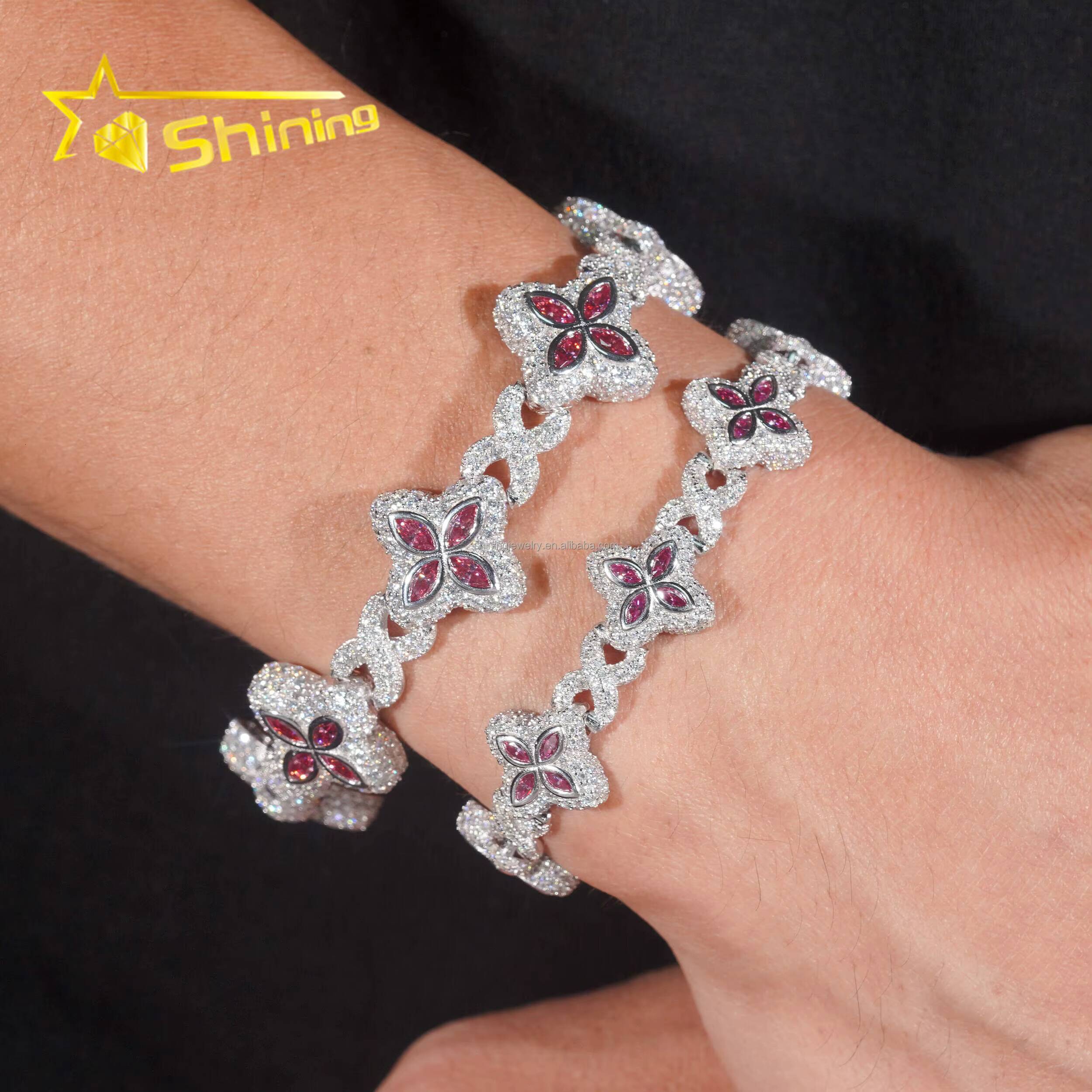 Unique Design Marquise Design Rapper Luxury Jewelry Hip Hop Pink Color Moissanite Iced Out S925 Silver Cuban Clover Bracelet