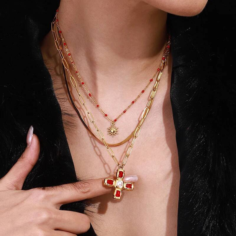 Delicate Colorful Bling Pendant Cubic Zirconia Jewelry Cross Stainless Steel Luxury Necklace High-Grade Fashion Shiny