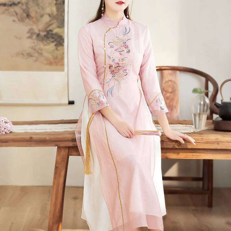 High-End Spring Summer Women Cheongsam Retro Elegant Embroidery A-Line Lady Party Qipao Dress S-Xxl MAKOUFEI