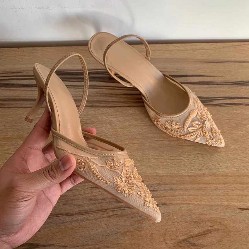 Mesh Embroidered Flowers High Heels Sandals Women 2025 Summer Sexy Slingback Pointed Toe Pumps Dress Shoes Sandalias De Mujer Z260330