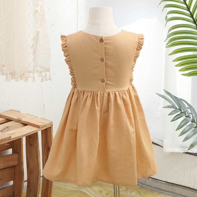 Retro Linen Ruffle Sleeveless Girls Dress Summer New Baby Girl Casual Button Elastic Waist Cotton And Linen Princess DressesT260330