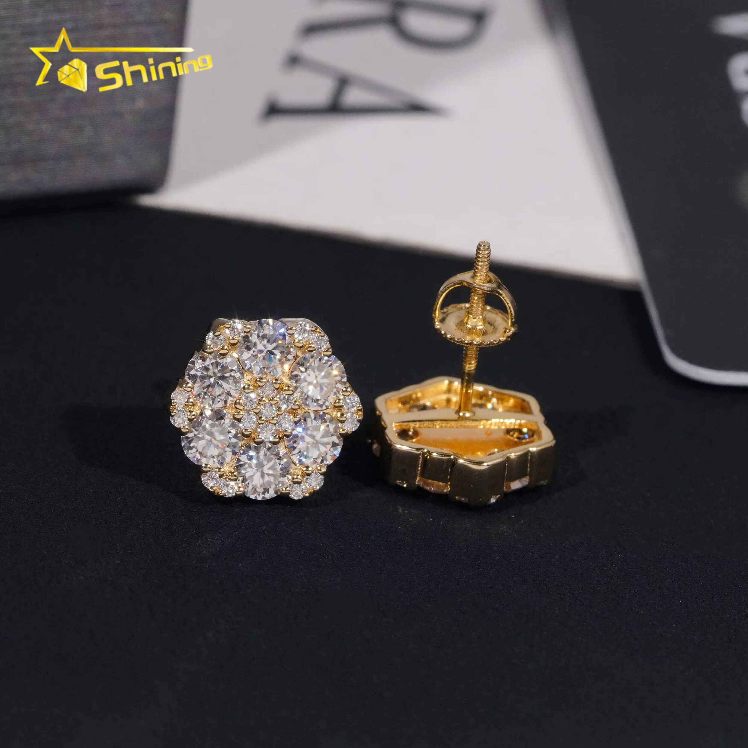 Fine Jewelry Flower Design Screw Back Ear Studs Iced Out 925 Sterling Silver Gold Plated Moissanite Stud Earrings Ready to Ship