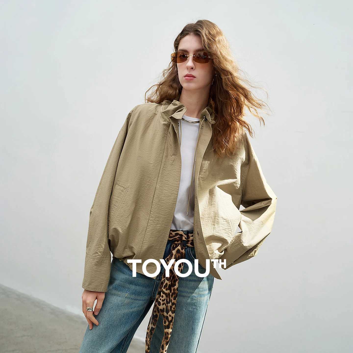 TOYOUTH Womens Wrinkle-Texture Jacket 2026 Spring New Stand-Up Collar Stiff Loose Casual Utility Style CoatT260328