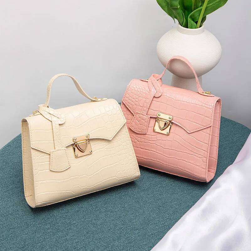 Chic Crocodile Embossed Mini Handbag For Women Trendy Solid Color Fixed Strap Twist Lock Closure Polyester Lined QIBALIANGPIN