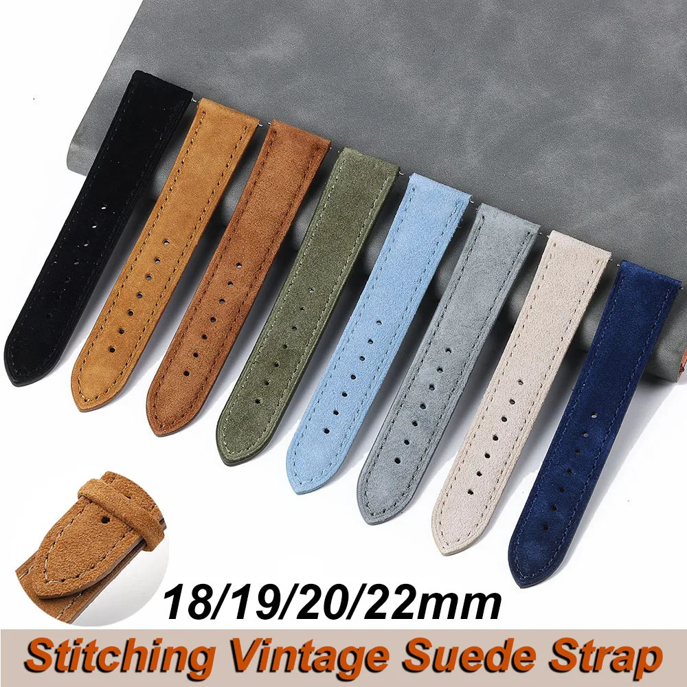 18mm 19mm 20mm 22mm Vintage Suede Cowhide Watch Strap Handmade Band Gray Brown Green Quick Release Bracelet for Men Women 260318