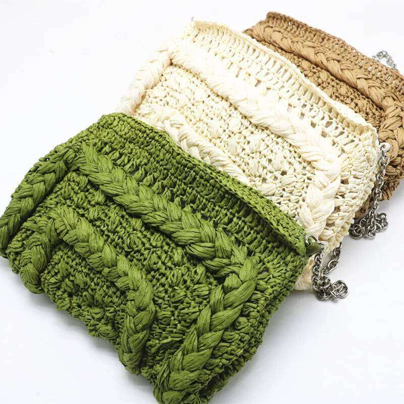 Chinese Embroidery New Soft Woven Straw Handmade Women Casual Chain Shoulder Summer Bohemian Beach Vocation Travel Envelope Bag Clutch Bags