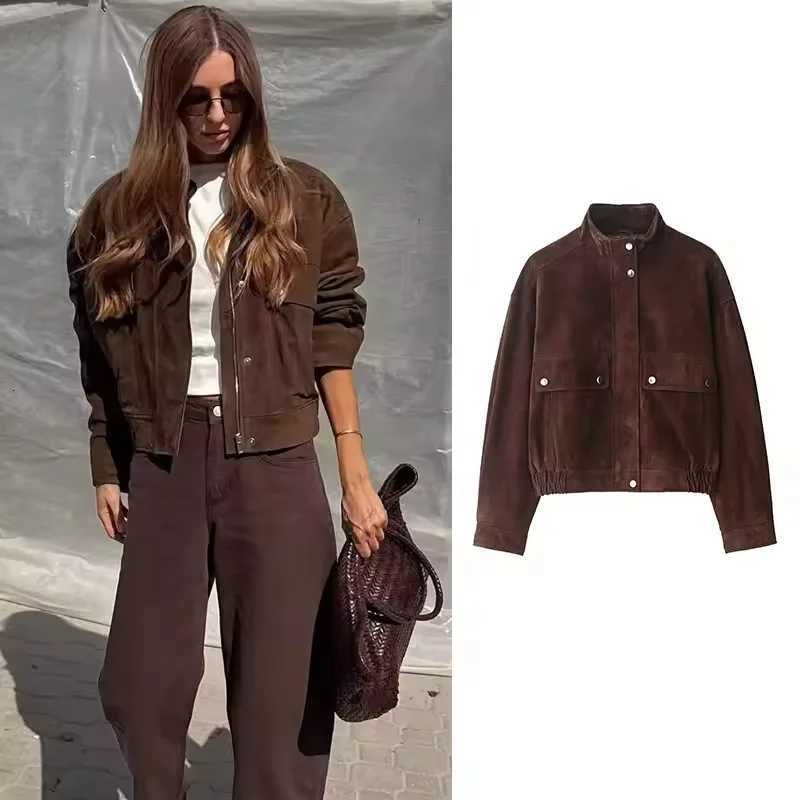 Women Suede Leather Jacket with Pockets Autumn Fashion High Collar Long Sleeve Button Jacket Lady Coats Causal Female Chic TopsT260328