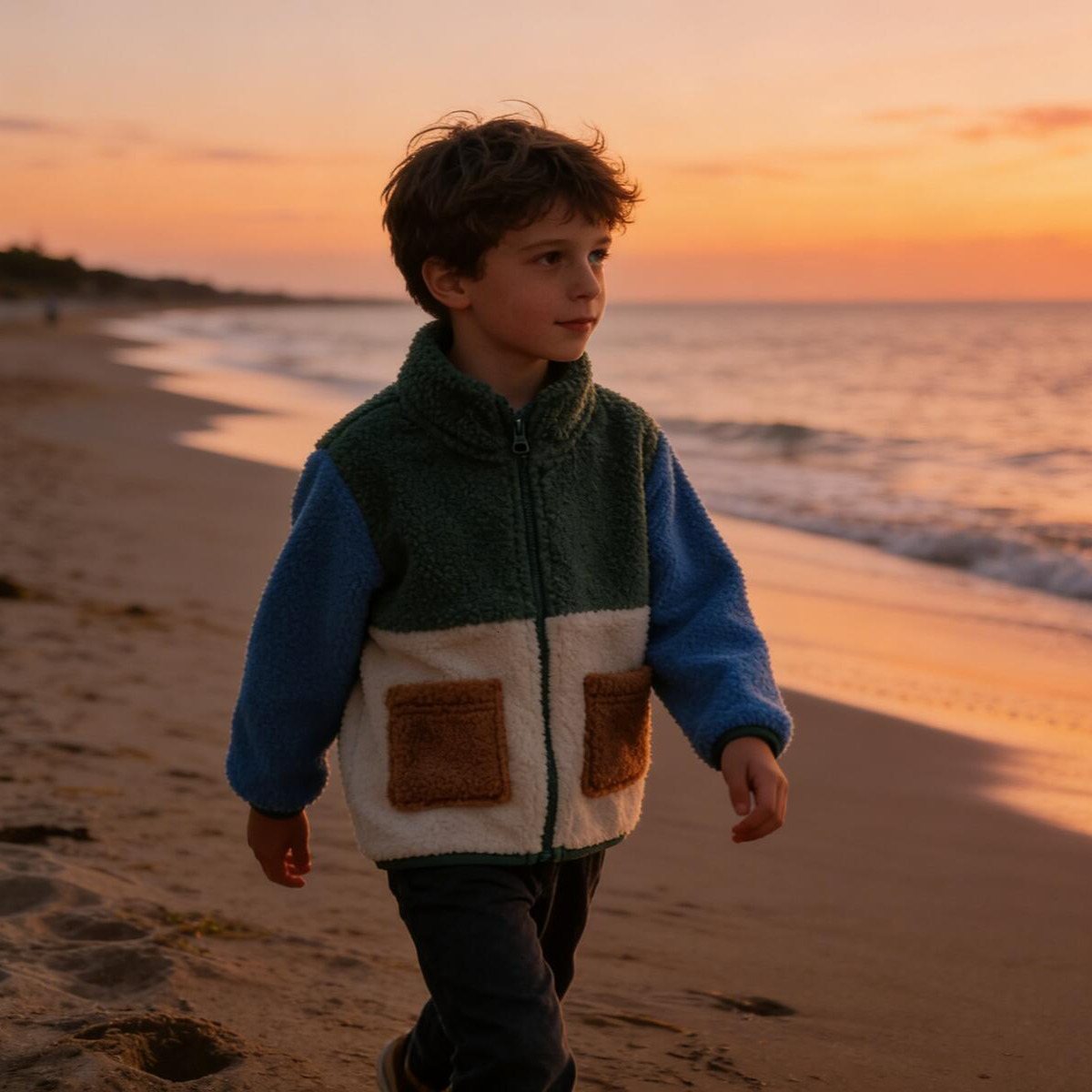 Baby Boys Color Block Sherpa Jacket, Green Blue Beige Fleece Zip-Up Coat with Pockets