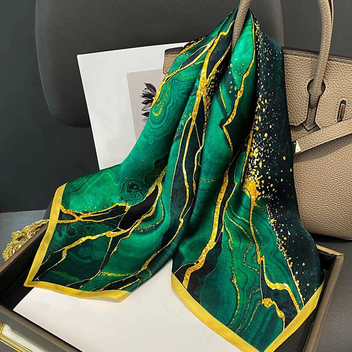 Dark Green River Print Neckerchief Vintage Imitation Silk Square Scarf Bandana Breathable Head Wrap Hair Accessories Z260330