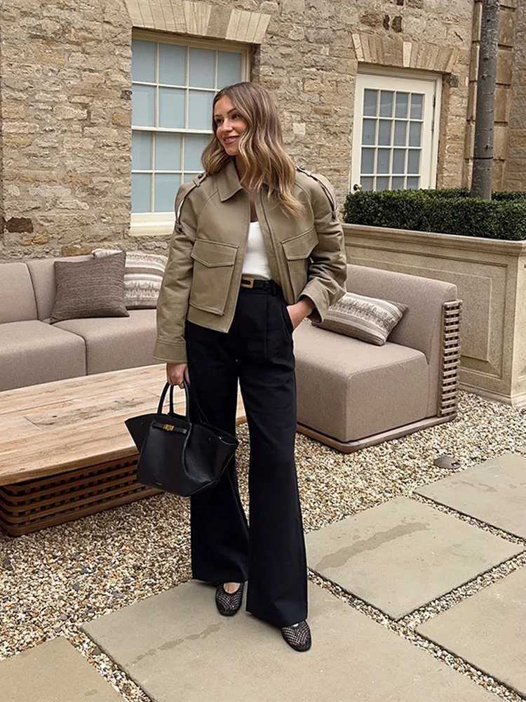 Vintage Womens Short Jacket Pockets Zipper Full Sleeve Khaki Green Thick Coats 2025 Spring Autumn Lady Loose Street OutwearT260328