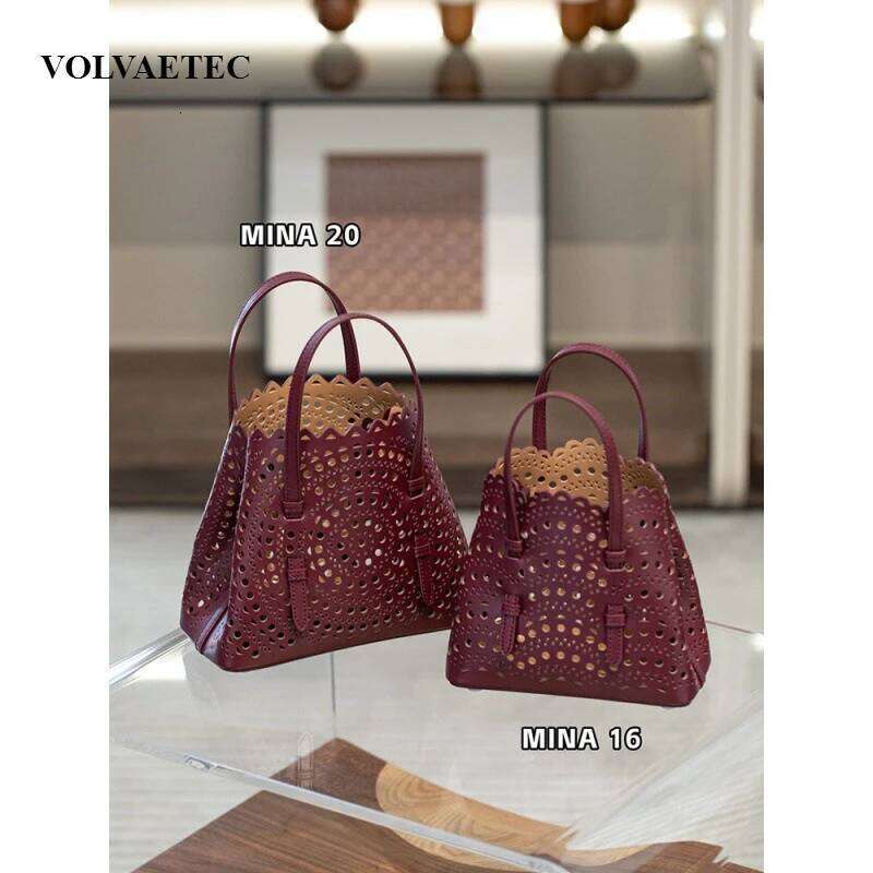 VOAETEC New Tote French Cowhide Handmade Niche Laser Flower Hollowed Real Leather Vegetable Basket Bag Retro Casual