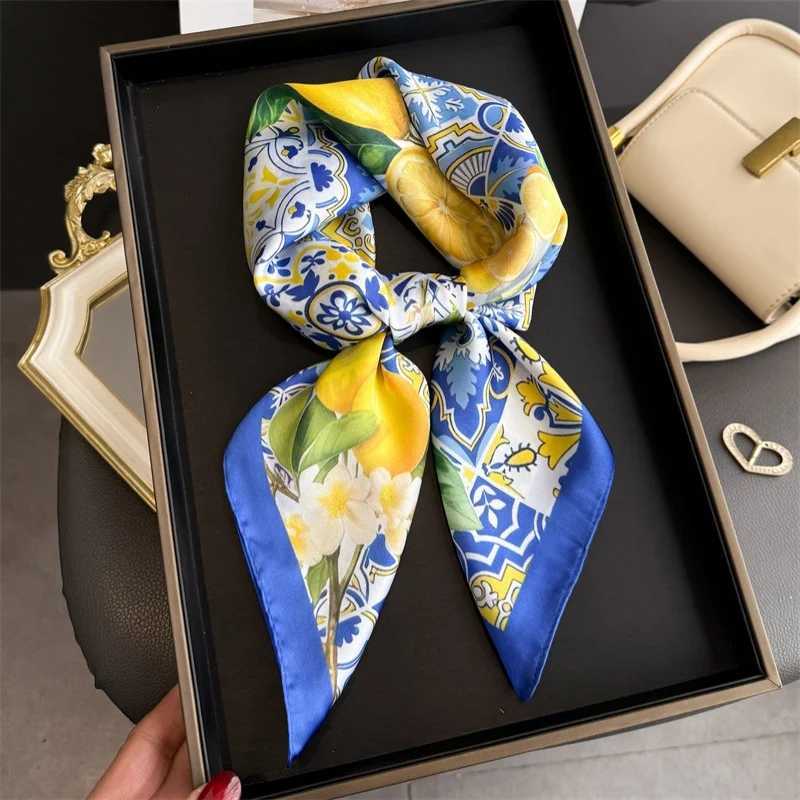 Lemon Print Silk Square Scarf Wen Luxury Soft Satin Kerchief Thin Neck Scarf Fashion Sunscreen scarf For Wen Bag Ribbon X260328