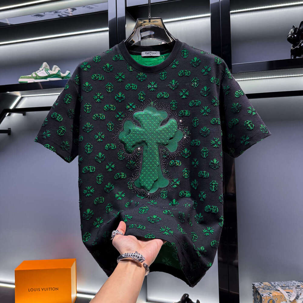 European-style men's high-end rhinestone-embellished short-sleeve T-shirt, luxury new summer trendy brand, loose-fitting, light-luxury American s