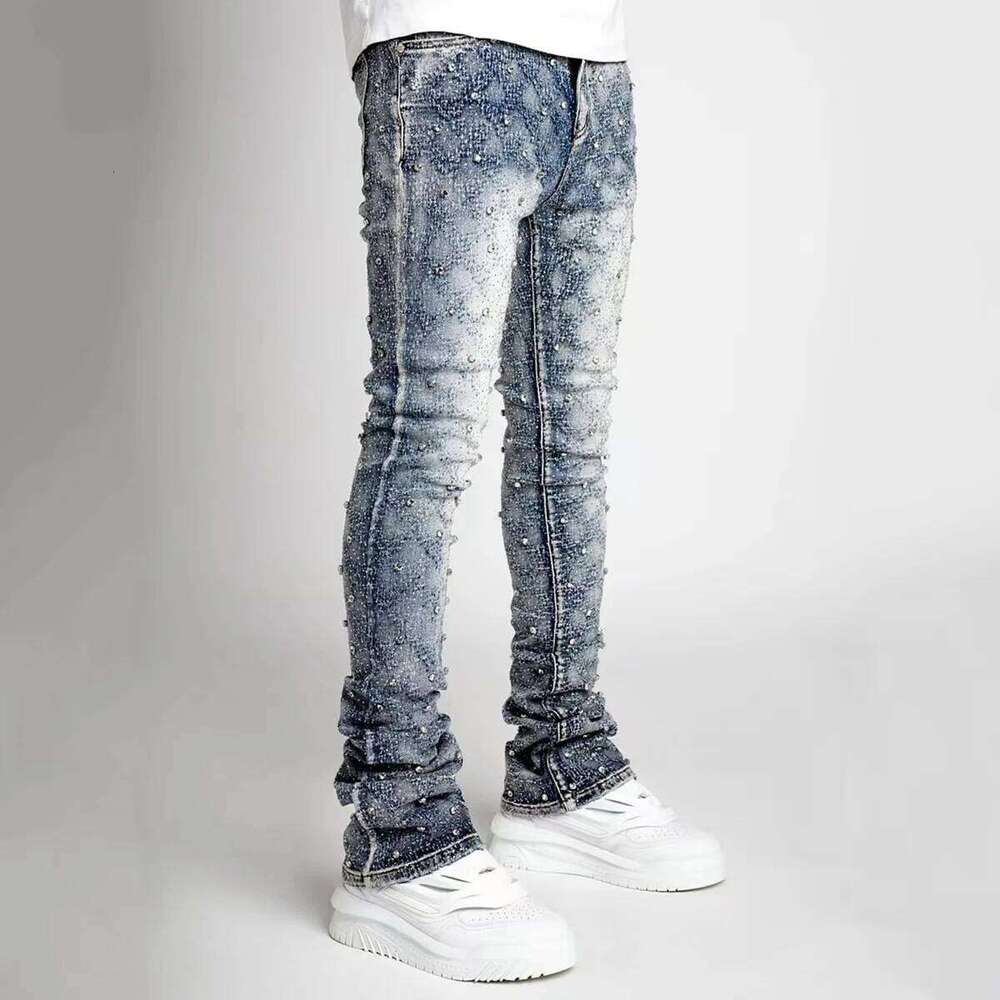 Blue Stretchy Pearls Skinny Jeans For Men New Fashion Rhinestone European Street Personality Stacked Denim Pants 26Y0330