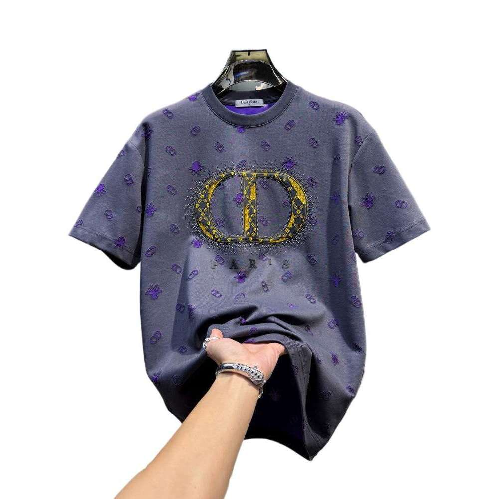 Men's American-style light luxury jacquard full-print round-neck short-sleeve T-shirt, trendy brand luxury new summer European style with rhinest
