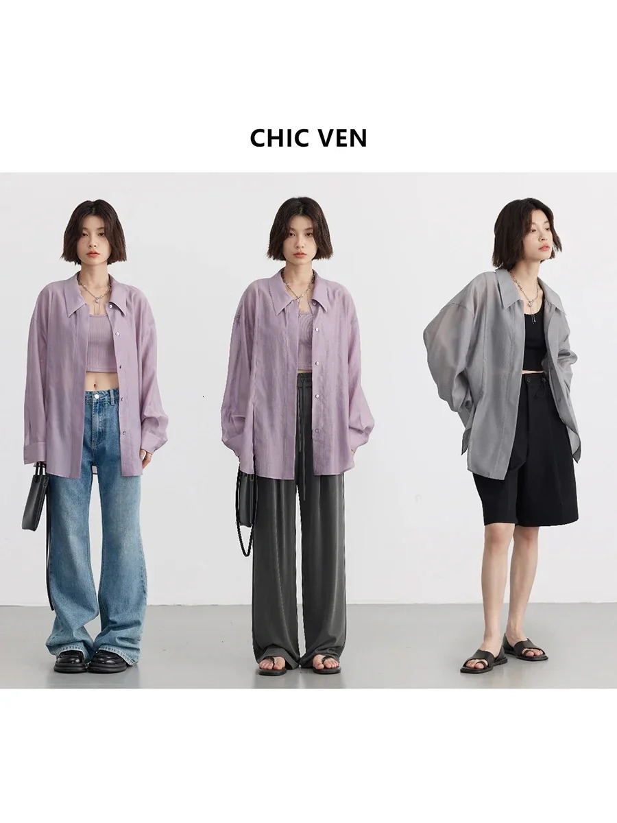 CHIC VEN Women Thin Shirt Long Sleeve Casual Loose Slightly Transparent Cool Blouses Woman Solid Design Female Top Summer 2024 260325