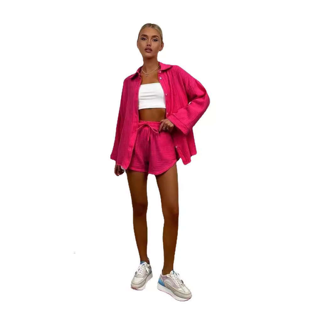 2026 European American cross-border foreign trade new long-sleeve commuter shirt and shorts set for women